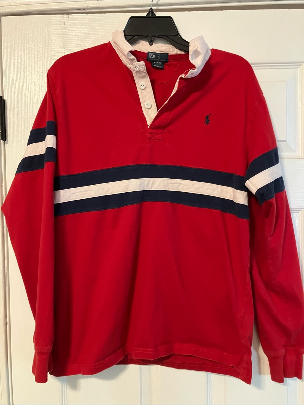 Vintage Polo Ralph Lauren Rugby Shirt Red Striped Youth Size XL (18-20)